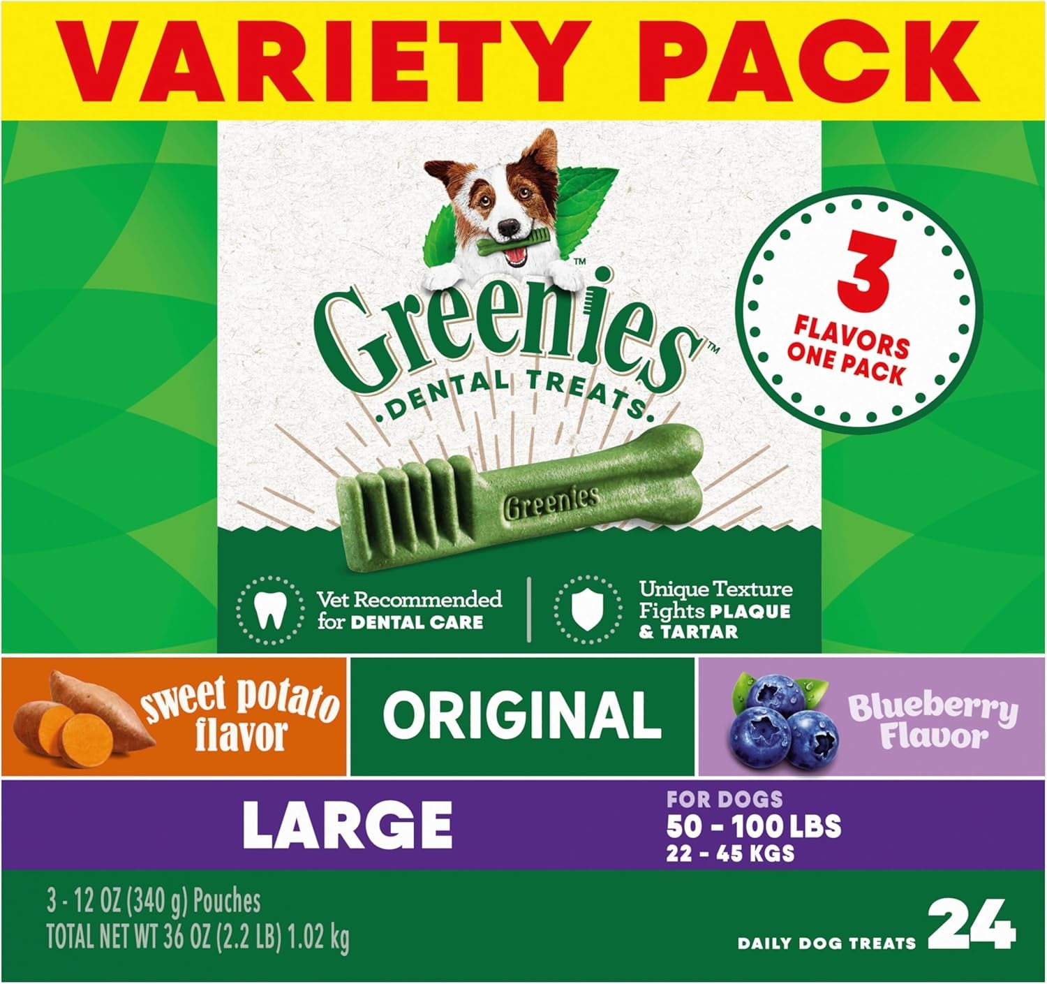 Large Dental Dog Treats, 3-Flavor Variety Pack, (3) 12 Oz. Pouches, 24 Total Treats