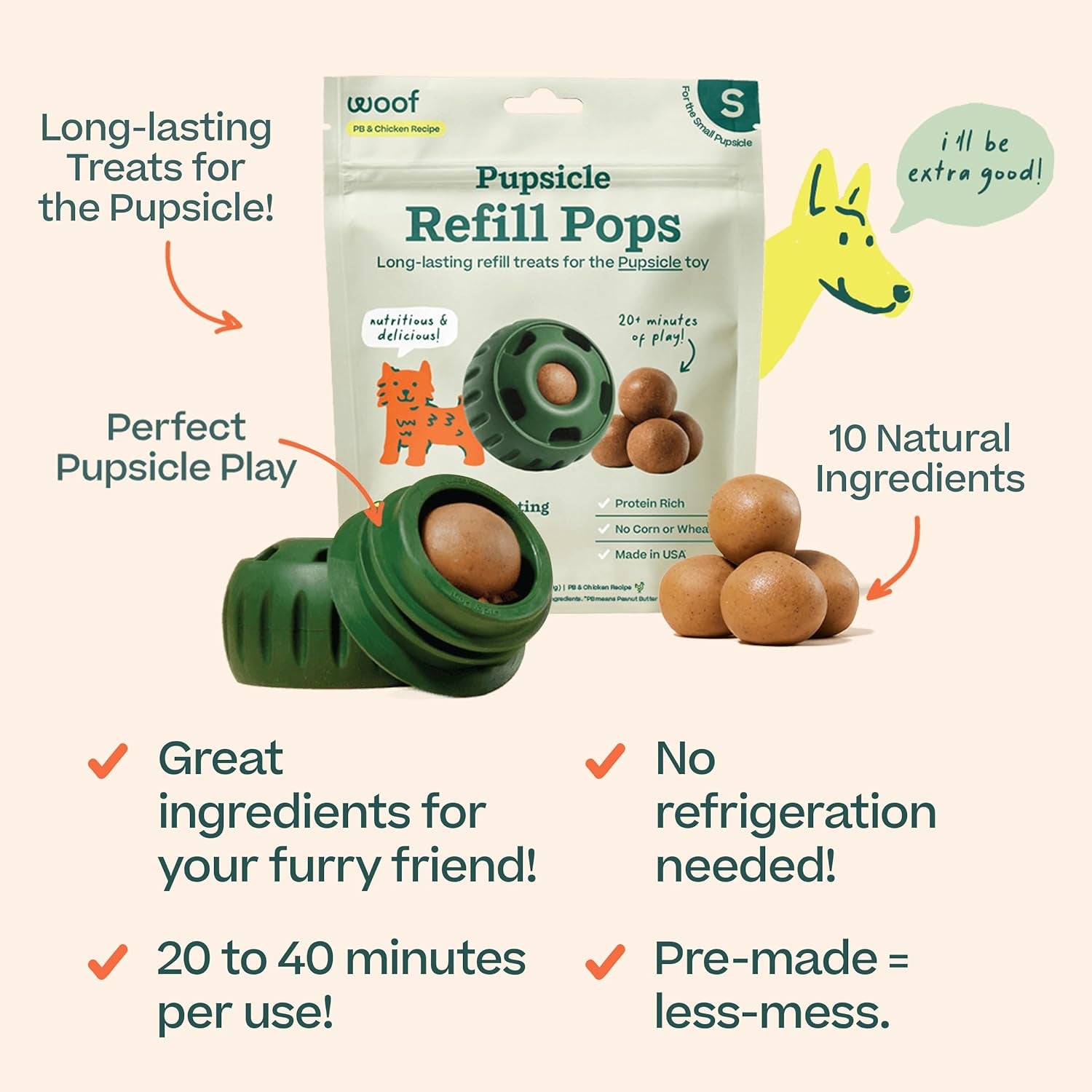 Pupsicle Refill Pops, Delicious Long Lasting Dog Treats, Pre-Made Pupsicle Refills for Dogs, Wholesome Ingredients, Low-Mess Chicken Pet Treats - Small Pops - 10 Count - 2 Pack