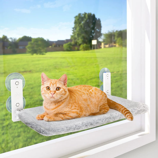 Cordless Cat Window Perch, Cat Hammock for Wall with 4 Suction Cups, Solid Metal Frame and Reversible Cover, Foldable Cat Beds for Indoor Cats