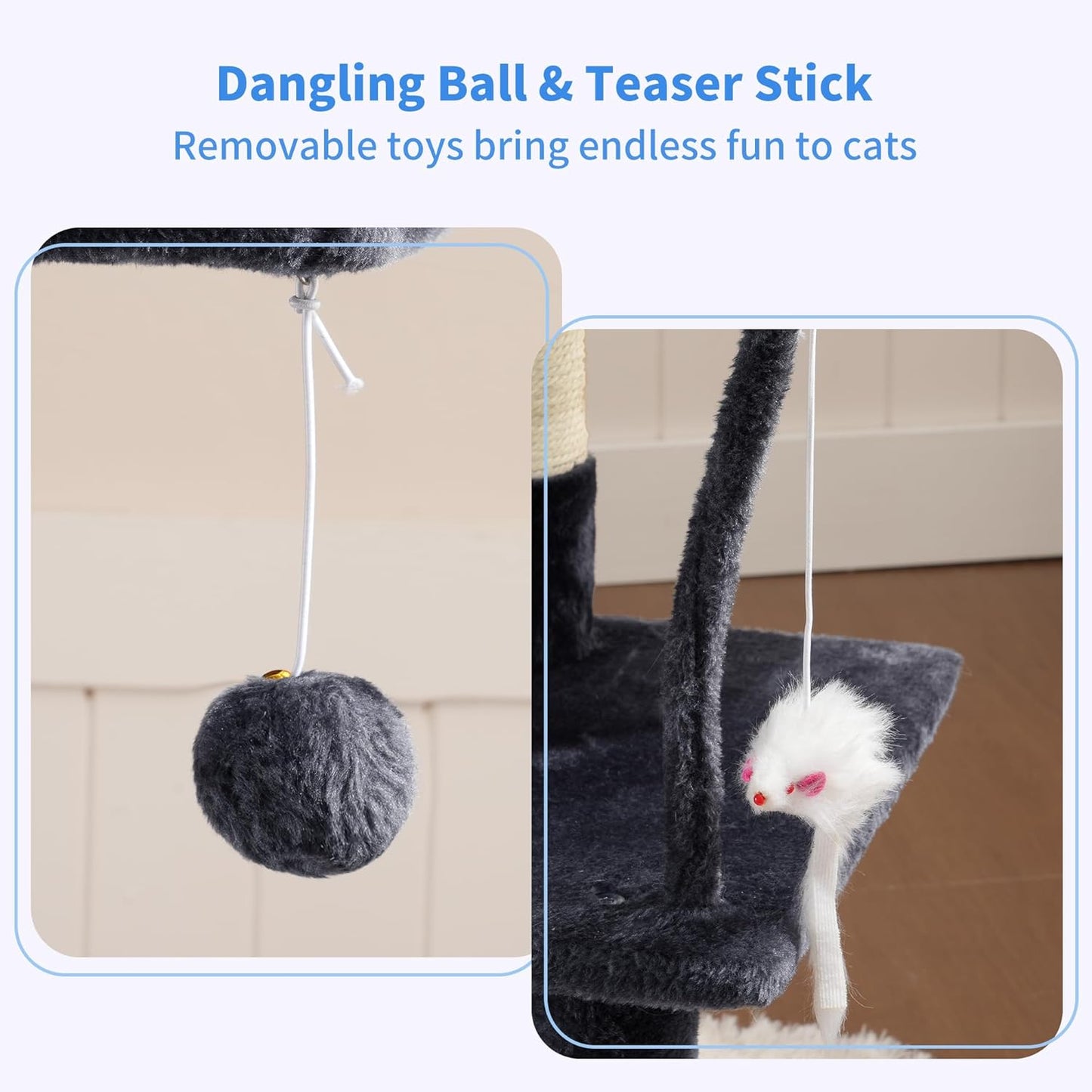 Cat Tree with Toy, Cat Tower Condo for Indoor Cats, Cat House with Padded Plush Perch, Cozy Hammock and Sisal Scratching Posts, Smoky Gray HCT004SG