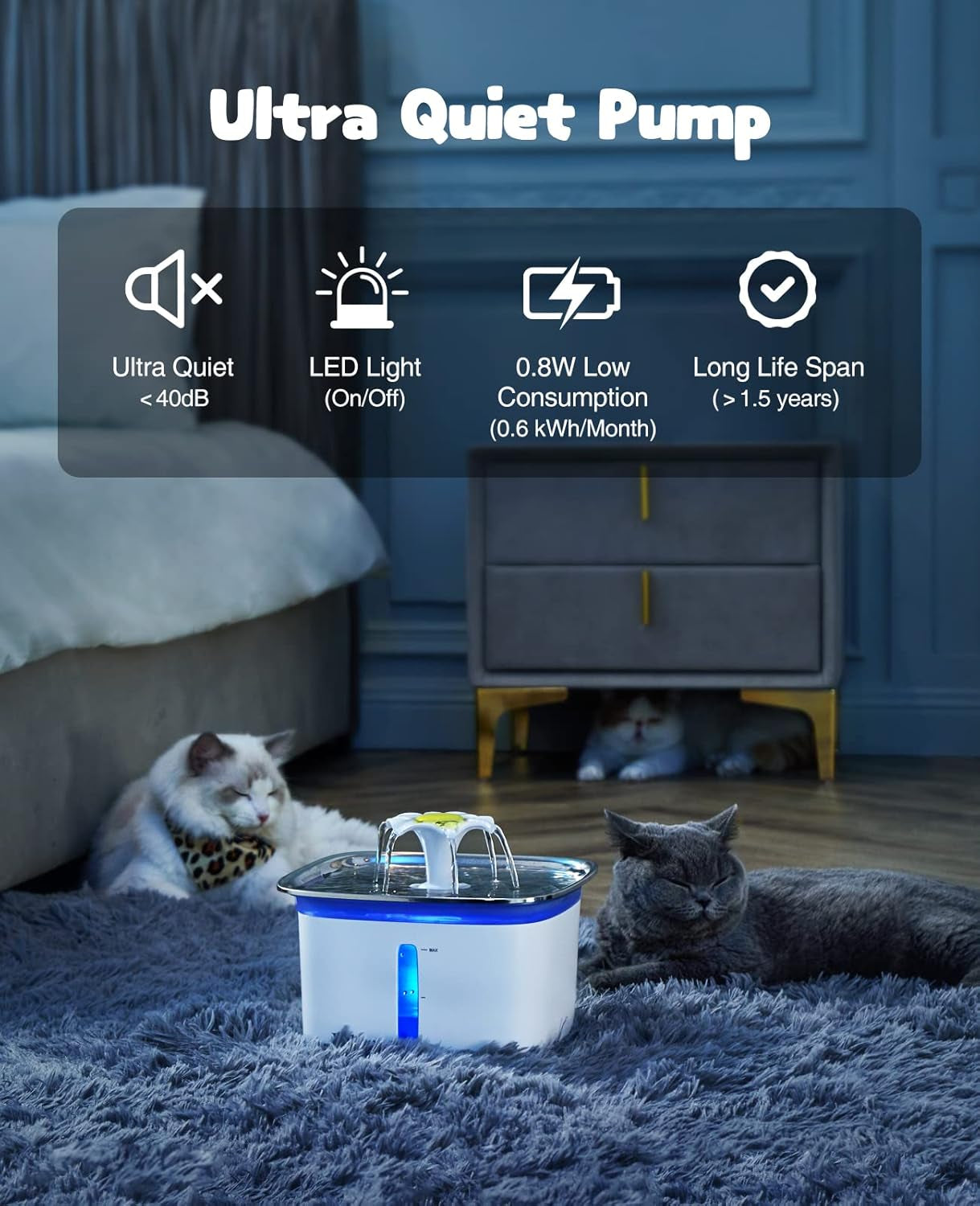 Innovation Award Winner 95Oz/2.8L Cat Water Fountain with Stainless Steel Lid, Automatic Pet Fountain Dog Water Dispenser with Replacement Filters for Cats, Dogs (Silver, Stainless Steel)