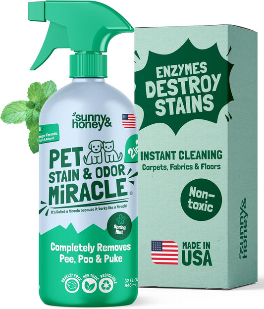 Pet Stain & Odor Miracle - Enzyme Cleaner for Dog Urine & Cat Pee - Pet Odor & Stain Remover Spray for Carpet, Mattress, Furniture - Carpet Cleaner (32 Fl Oz, Spring Mint Scent)