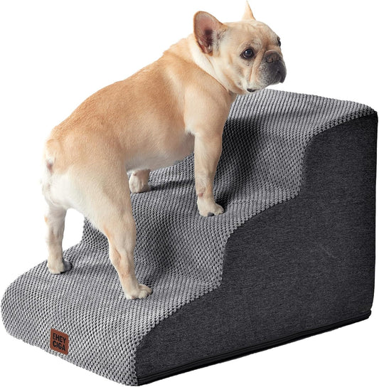 Curved Dog Stairs Ramp for Small Dogs 15.7" H, 3-Step Dog Steps for Couch Sofa and Chair, Pet Stairs for Cats, Non-Slip Balanced Pet Steps Indoor, Grey