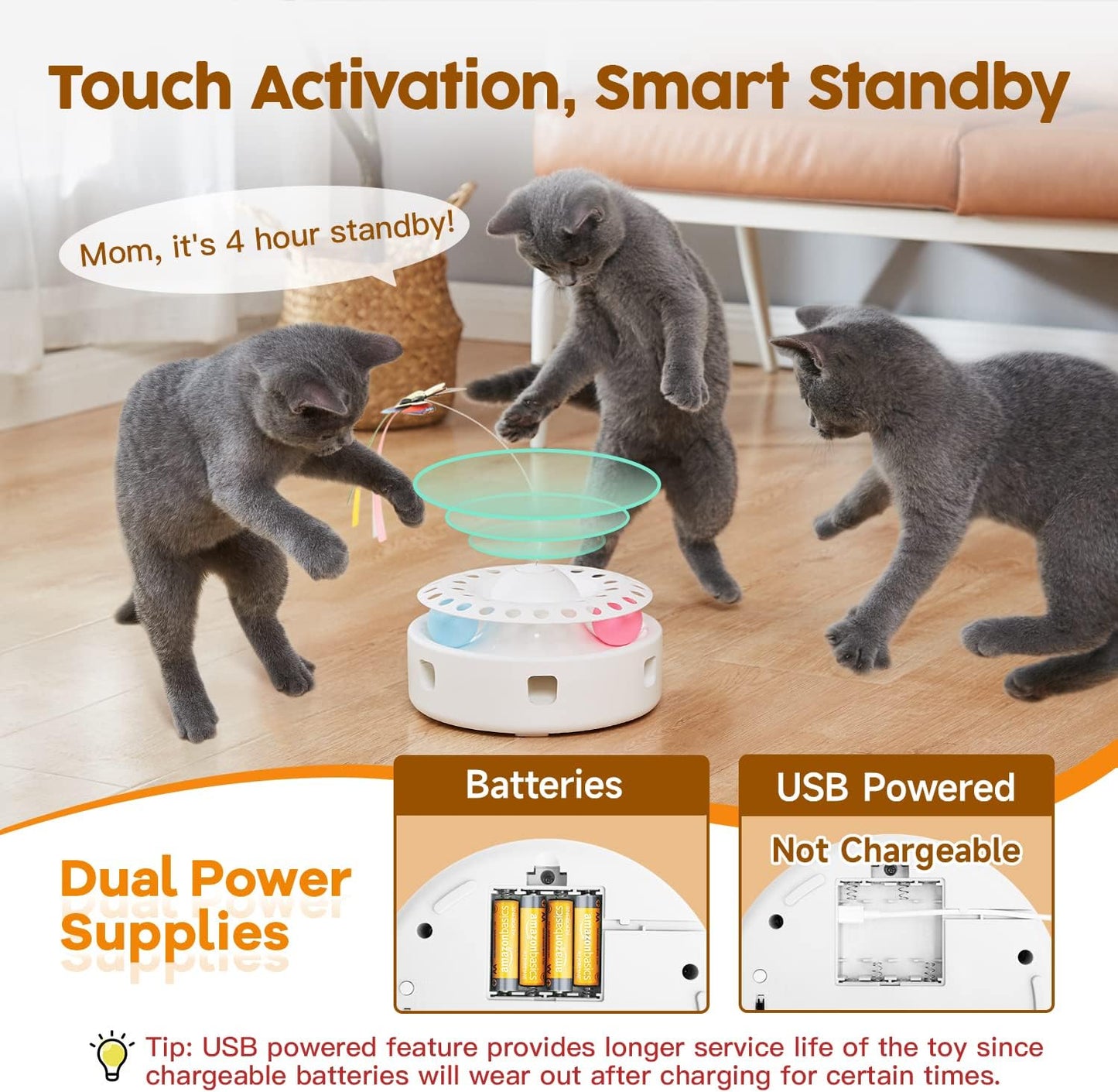 Cat Toys 3In1 Automatic Interactive Kitten Toy, Fluttering Butterfly, Moving Feather, Track Balls, Dual Power Supplies, USB Powered, Indoor Exercise Kicker (Bright White)