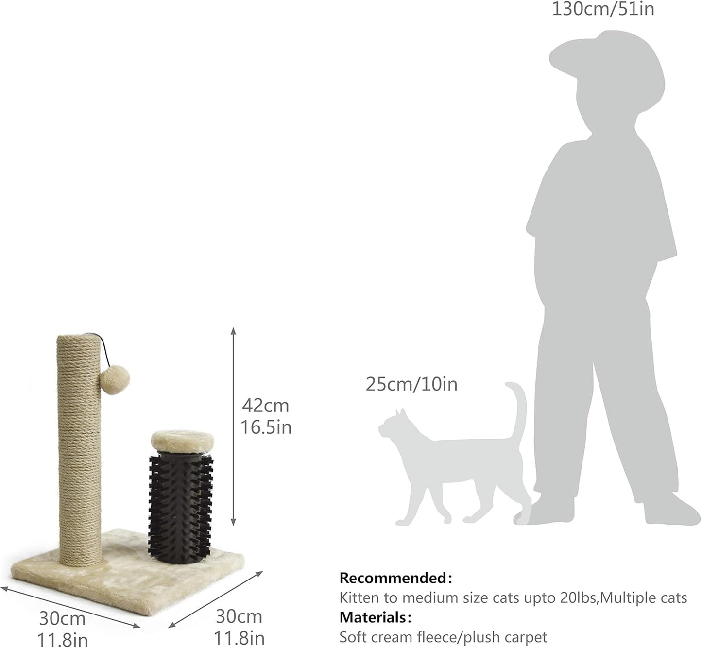 Cat Scratcher - Indoor Classic Single Cat & Kittens Scratching Post with Brush, Small (16.5" H) - Beige