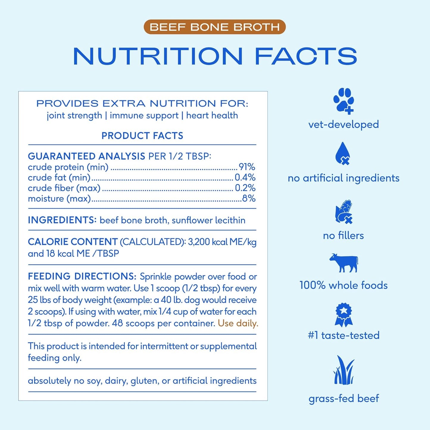 Bone Broth for Dogs and Cats - Made with Real Beef Bone Broth, Dog Food Toppers for Picky Eaters - Provides Extra Hydration & Nutrition for Joint Strength, Immunity & Heart Health-96 Scoops
