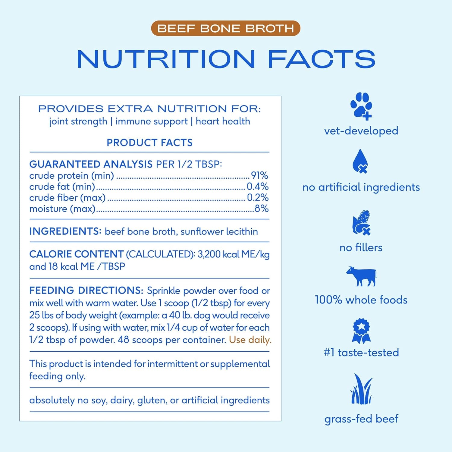 Bone Broth for Dogs and Cats - Made with Real Beef Bone Broth, Dog Food Toppers for Picky Eaters - Provides Extra Hydration & Nutrition for Joint Strength, Immunity & Heart Health-96 Scoops