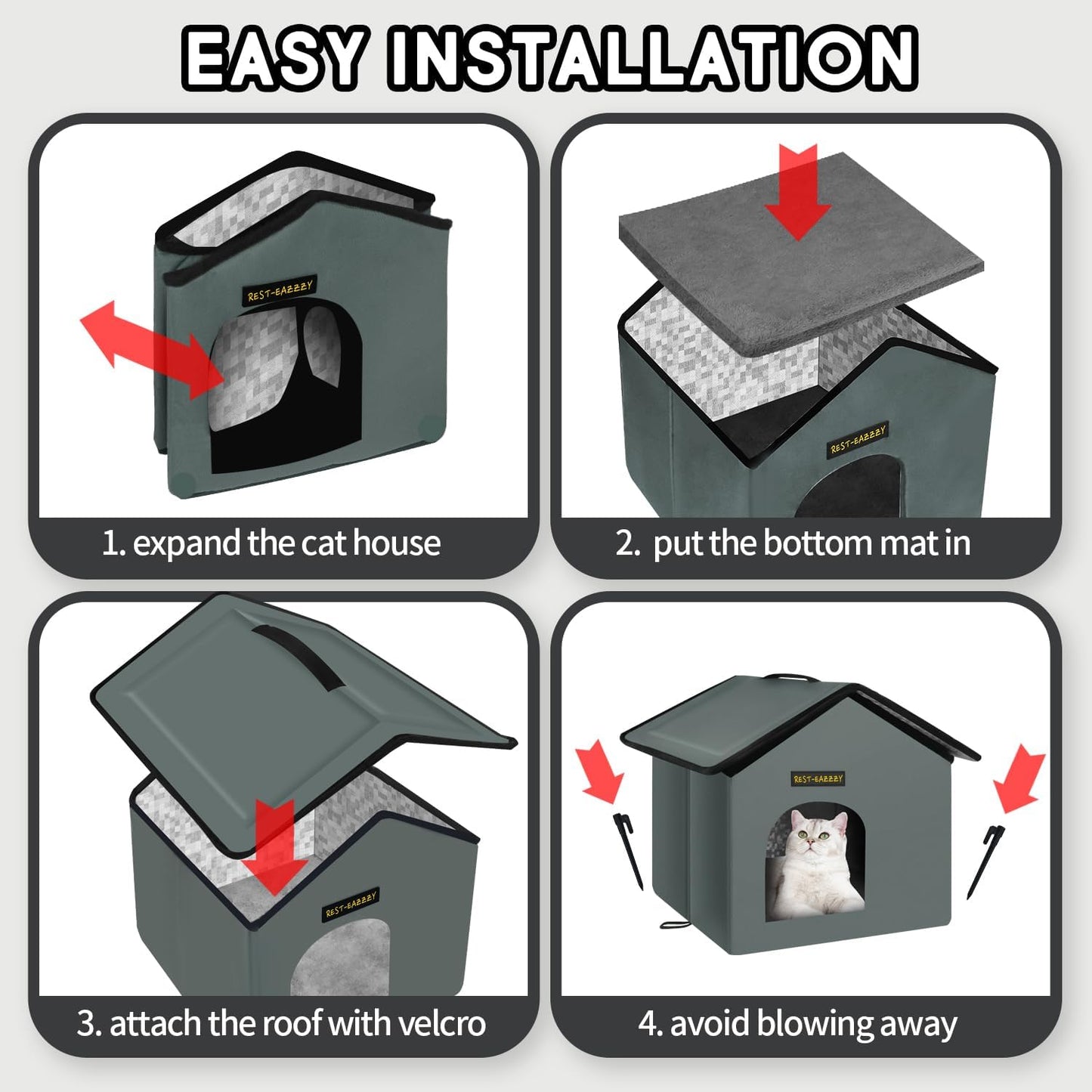 Cat House for Outdoor Cats, Weatherproof and Insulated Feral Cat House with Mat and Clip, Easy to Put Together, Selfwarming Cat Shelter for Winter(Grey, Waterproof House-S)