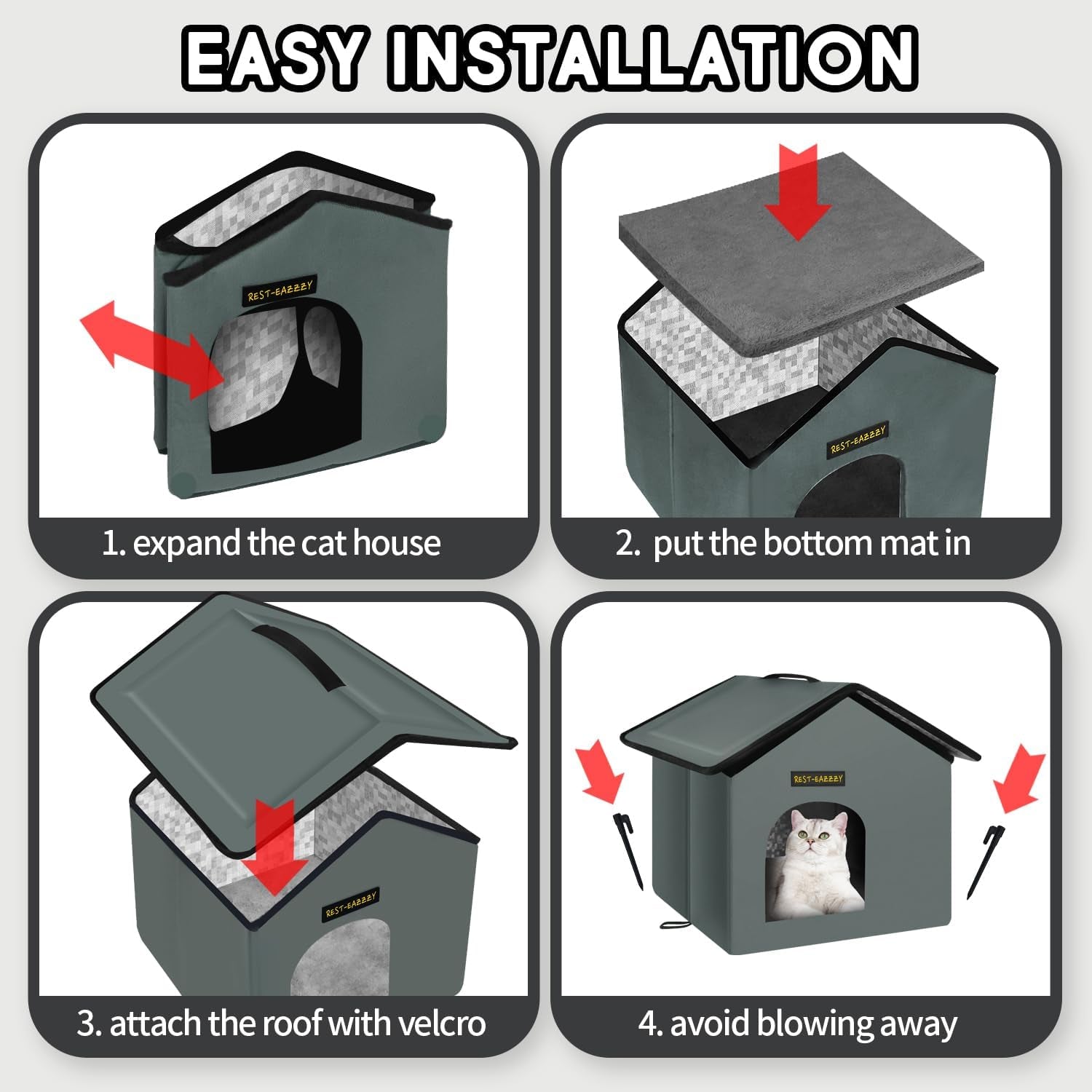 Cat House for Outdoor Cats, Weatherproof and Insulated Feral Cat House with Mat and Clip, Easy to Put Together, Selfwarming Cat Shelter for Winter(Grey, Waterproof House-S)