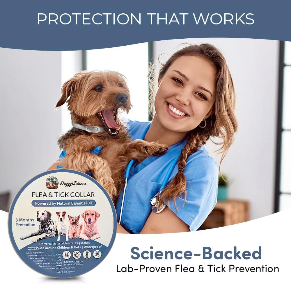 Natural Flea & Tick Collar for Dogs & Cats – 8 Months Protection – Essential Oils, Waterproof, Adjustable up to 27” – Chemical-Free, Safe for Puppies, Kittens & Sensitive Pets