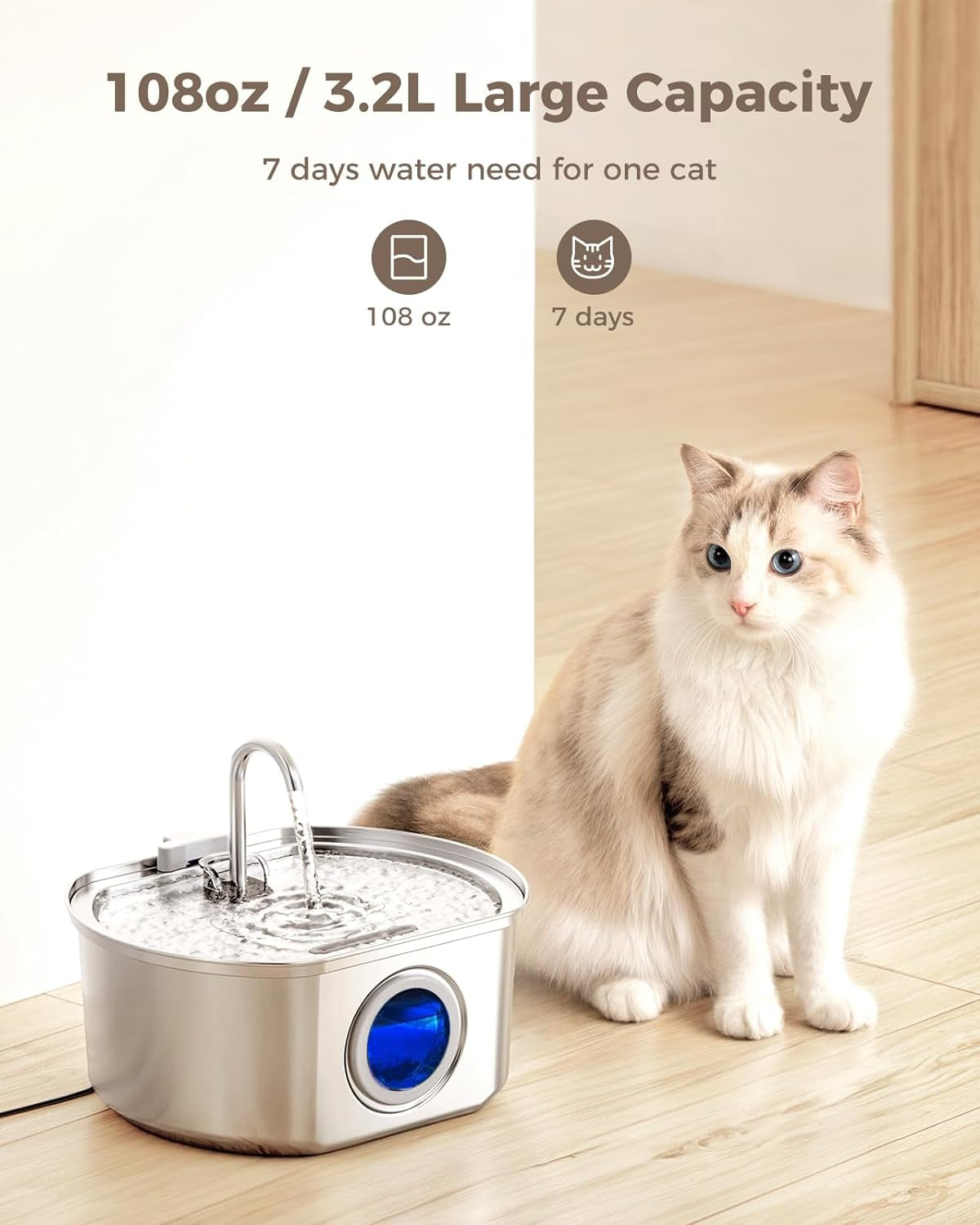 Cat Water Fountain Stainless Steel: 108Oz/3.2L Cat Fountain for Drinking- Pet Water Fountain inside - Automatic Dog Watering Dispenser Bowl - Pet Feeding & Watering Supplies - Water Level Window
