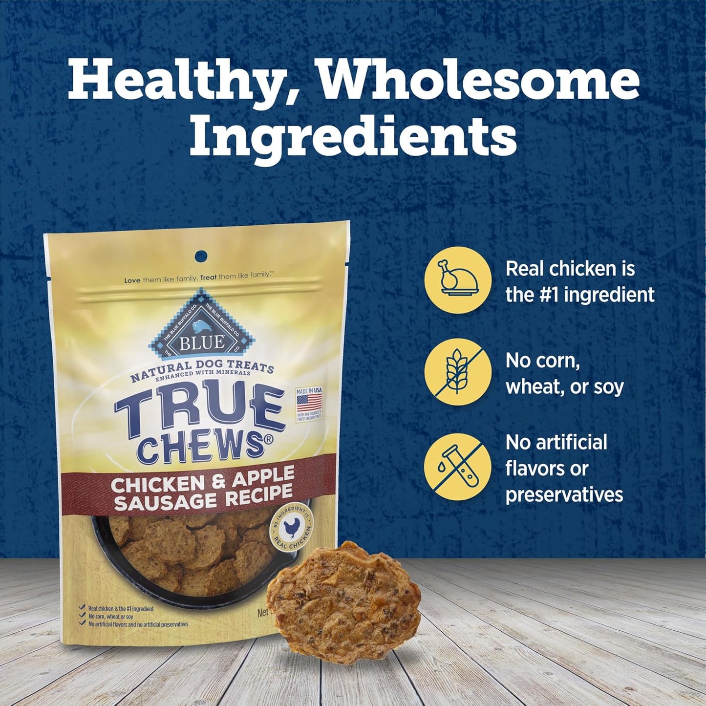 True Chews Dog Treats, Made in the USA with Natural Ingredients, Chicken and Apple Sausage Recipe, 12-Oz Bag