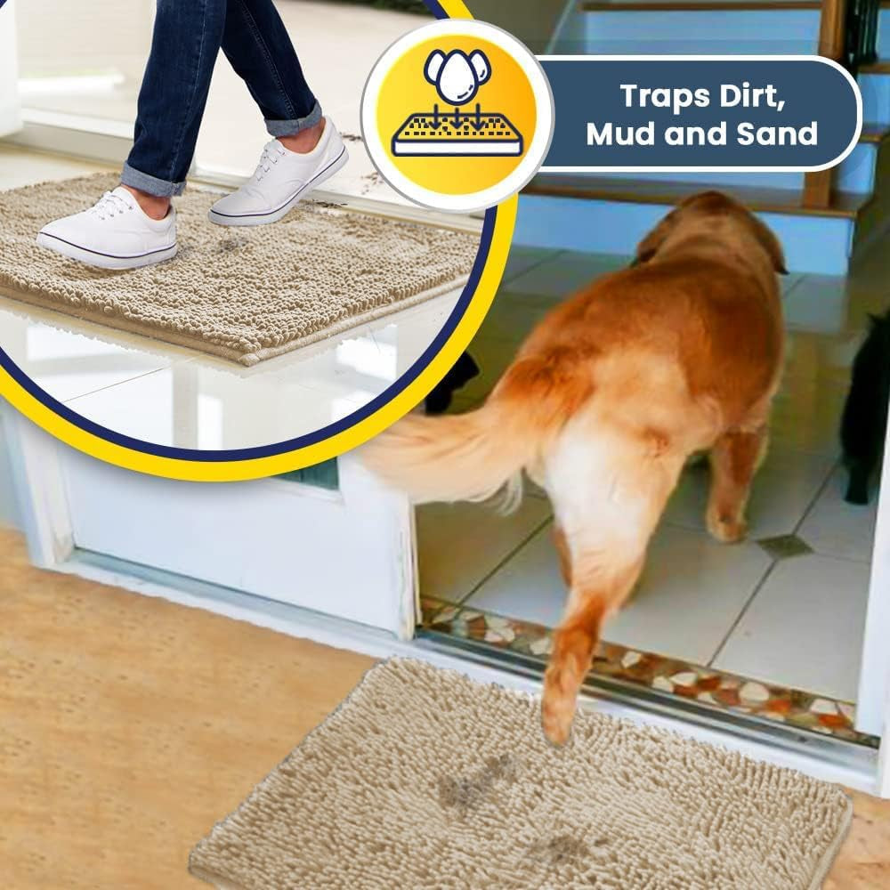 ® Shown on TV – Super Absorbent Microfiber Dog Door Mat for Muddy Paws, Non-Slip Washable Pet Rug, Quick Dry Chenille Entryway Carpet, Machine Washable Indoor Outdoor Mat, Beige 30"X19"