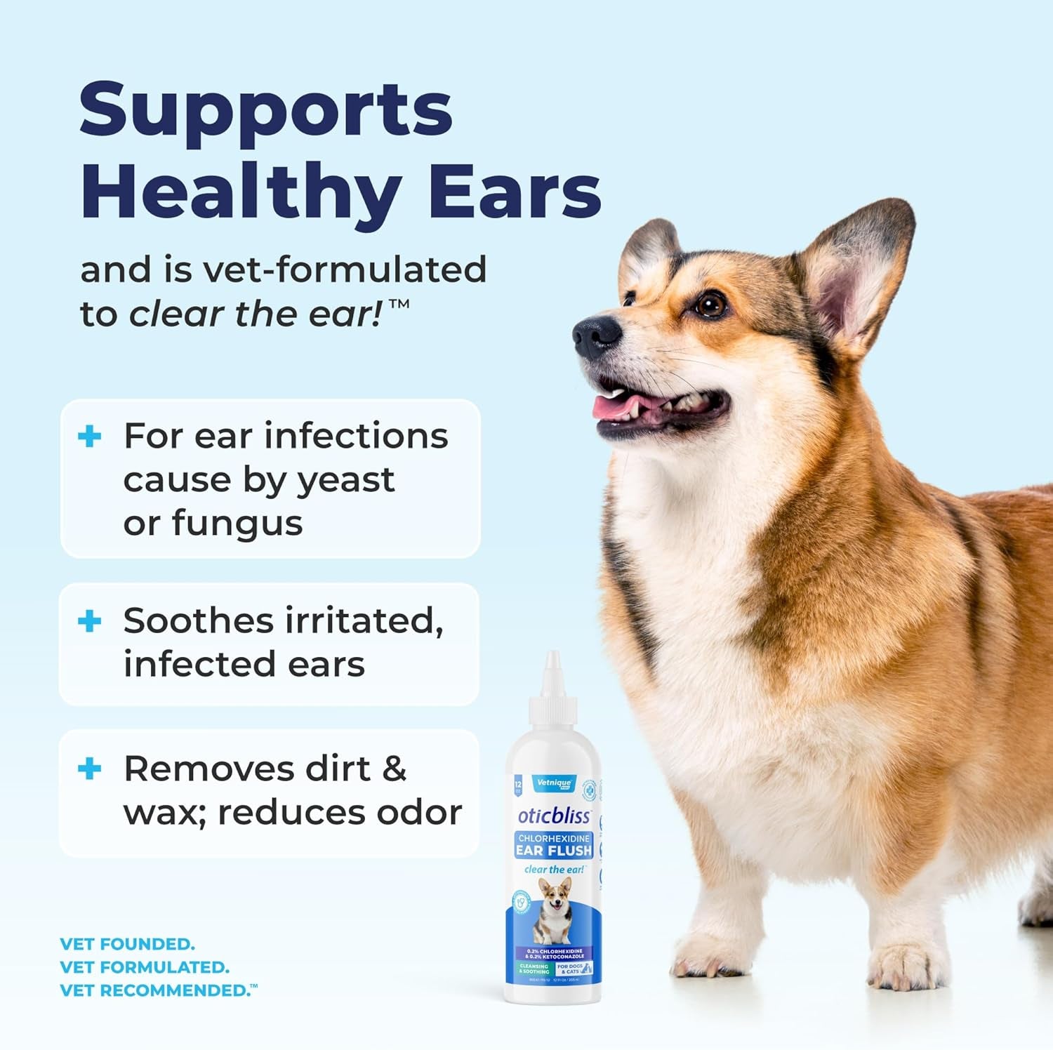 Oticbliss Medicated Dog Ear Infection Treatment, Antiseptic Ear Cleaner for Cat & Dog Ear Cleaning Solution with Chlorhexidine & Ketoconazole (12Oz Flush)