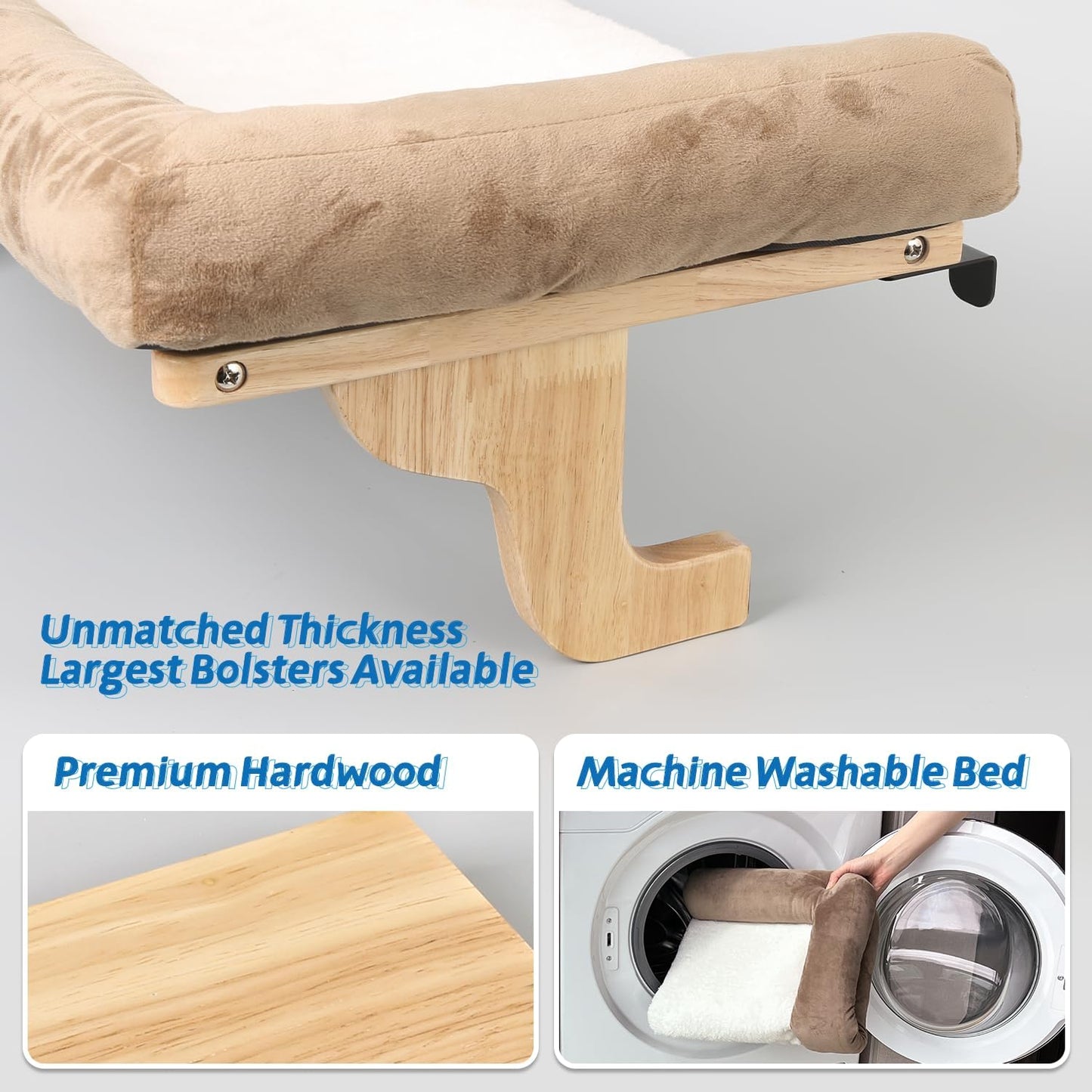 Cat Perch for Window Sill with Bolster - Orthopedic Hammock Design with Premium Hardwood & Robust Metal Frame - Cat Window Seat for Large Cats and Kittens - Natural Color Wood Brown Bed, 24''W