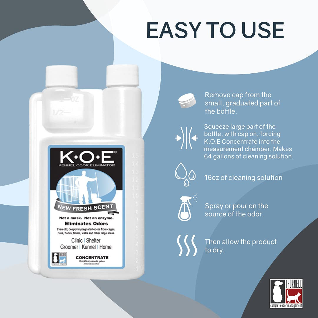 K.O.E Kennel Odor Eliminator Concentrate – for Cages, Runs & More – for Home & Kennel W/Safe, Non-Enzymatic Formula (Fresh Scent, 16 Oz)