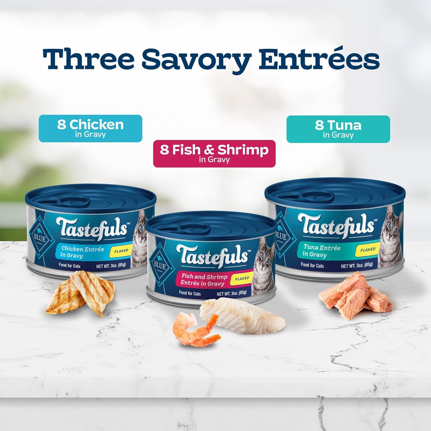 Tastefuls Natural Flaked Wet Cat Food Variety Pack, Tuna, Chicken and Fish & Shrimp Entrées in Gravy 3-Oz Cans (24 Count)