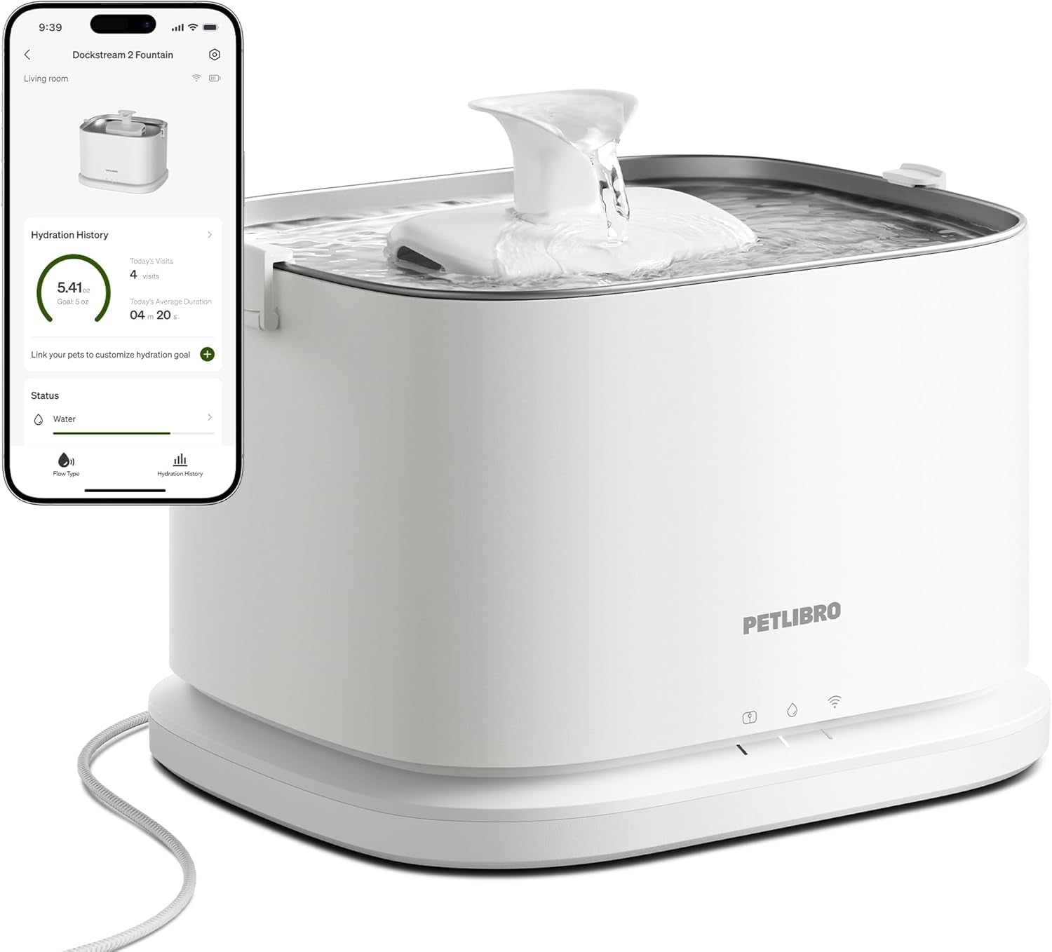 Upgrade Cat Water Fountain, Dockstream 2 Smart App Monitoring Pet Water Fountain for Cats Indoor, 3L/101Oz Cat Fountain Stainless Steel Tray for Drinking, 5G Wifi Auto Cat Water Dispenser Dog