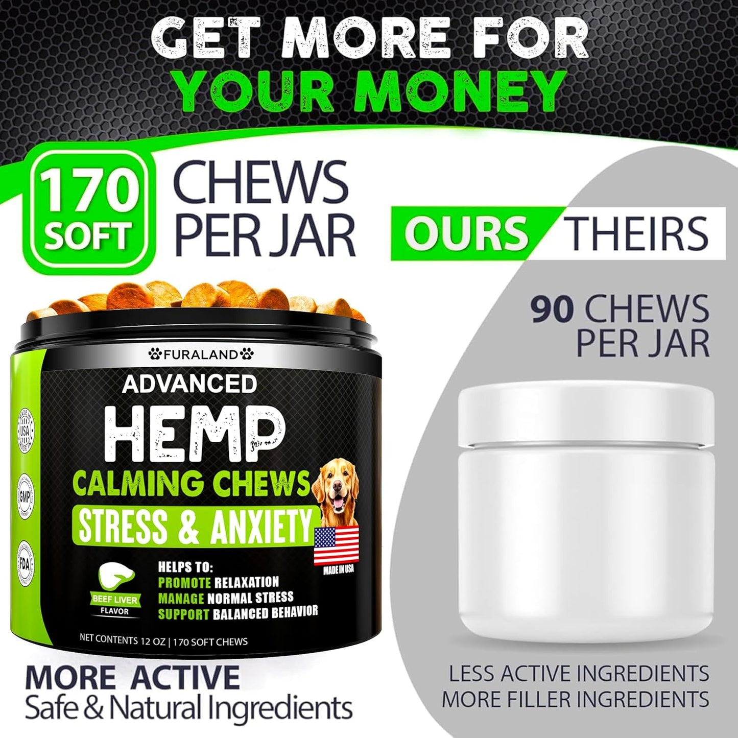 Hemp Calming Chews for Dogs Anxiety - 170 Dog Calming Chews - Anxiety Relief Treats - Dog Calming Treats - Hemp Oil - Sleep Calming Aid - Advanced Calming Health Joint Support Supplement - Made in USA