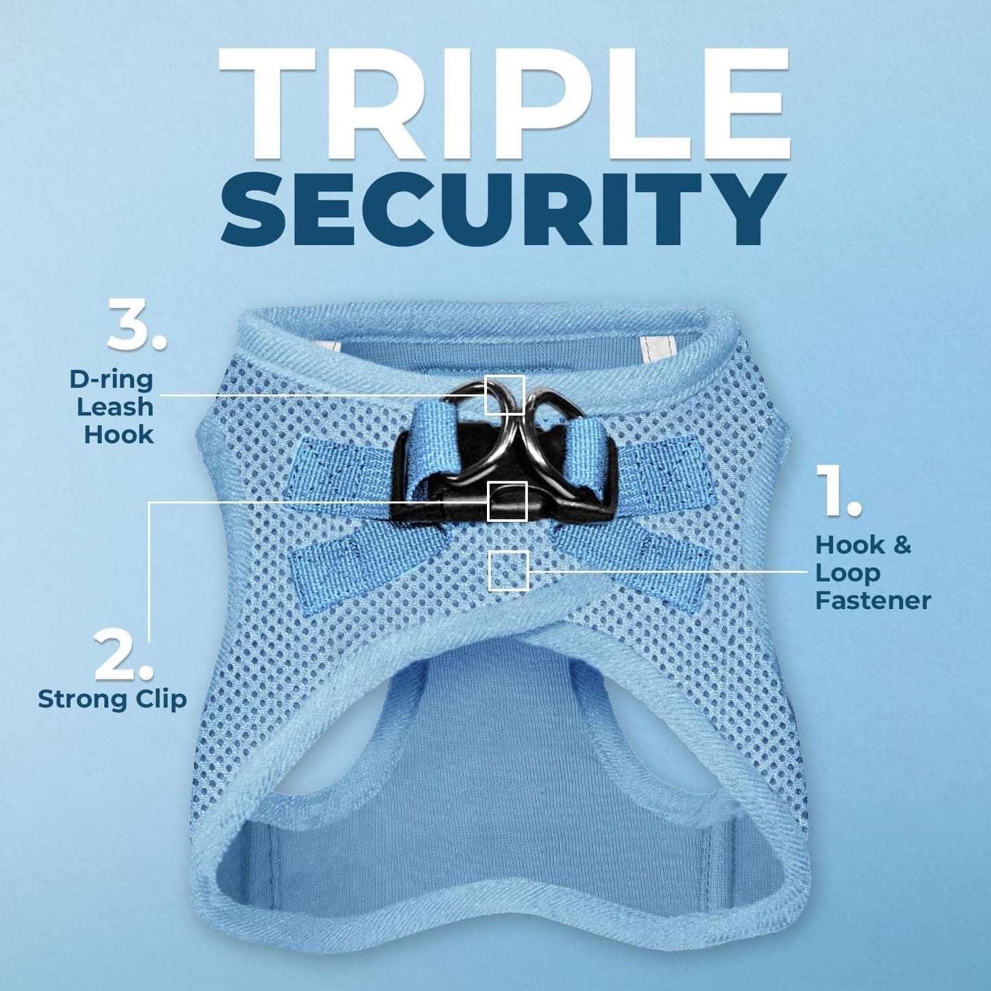 - All Weather Mesh, Reflective, No Pull Harness for Small, Medium Dogs, Cats - Secure with Hook & Loop Fastener, Buckle, Double D-Rings - Baby Blue, M