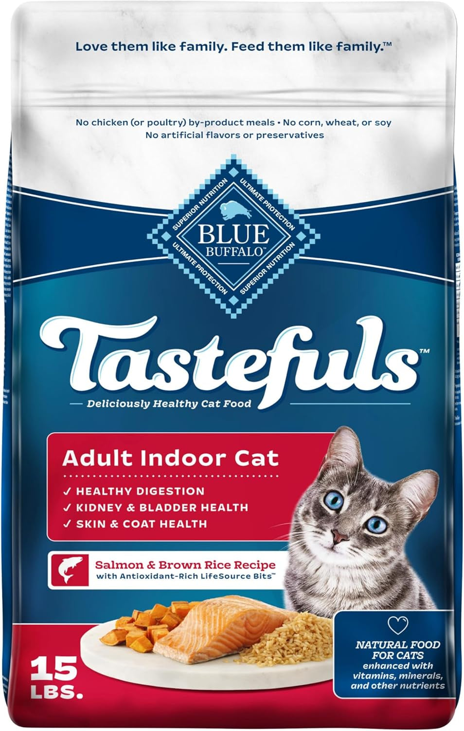 Tastefuls Natural Dry Food for Adult Indoor Cats, Salmon & Brown Rice Recipe, 15-Lb. Bag