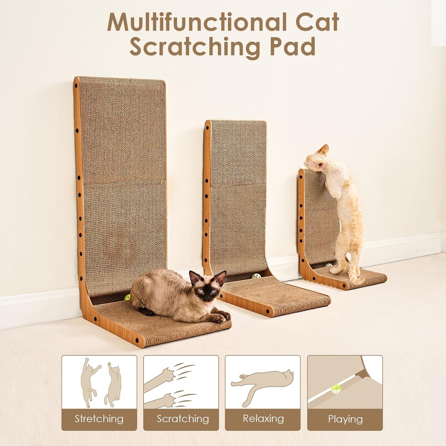 Cardboard Cat Scratcher for Indoor Cats, 26.8 Inch L Shaped Vertical Cat Scratching Board with Ball Cat Toy, Large Cat Scratcher Pad, Brown