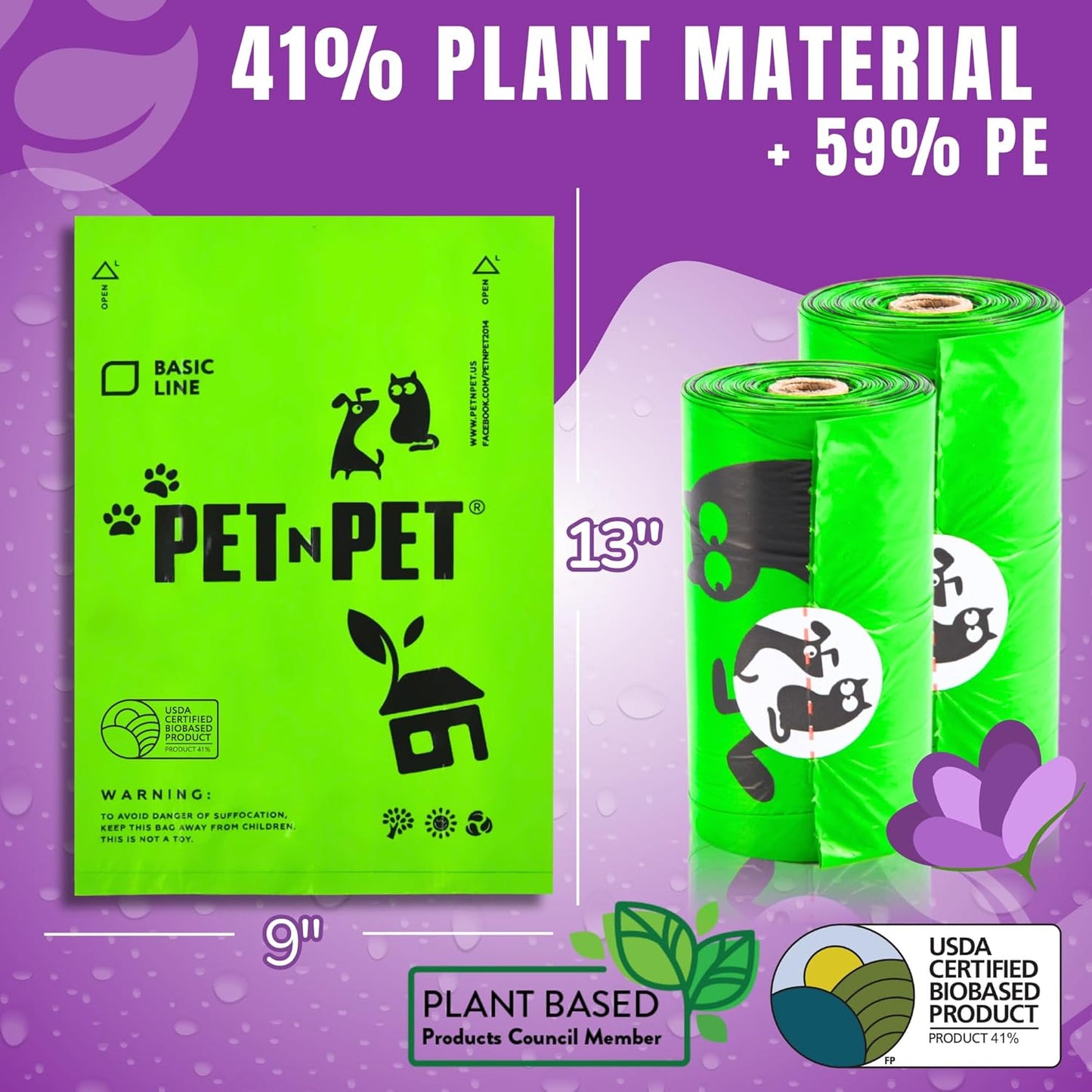 1080 Counts Green Poop Bags for Dogs, 41% Plant Based & 59% PE Extra Thick Dog Poop Bags Rolls, 9" X 13", Lavender Scented Pet Waste Bag