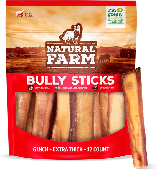 Odor Free Jumbo Bully Sticks (6 Inch, 12 Pack), Extra-Thick Dog Treats – Fully Digestible 100% Beef Treats, Natural Dental Chews – Keep Your Dog Busy with 50% Longer Lasting Chews