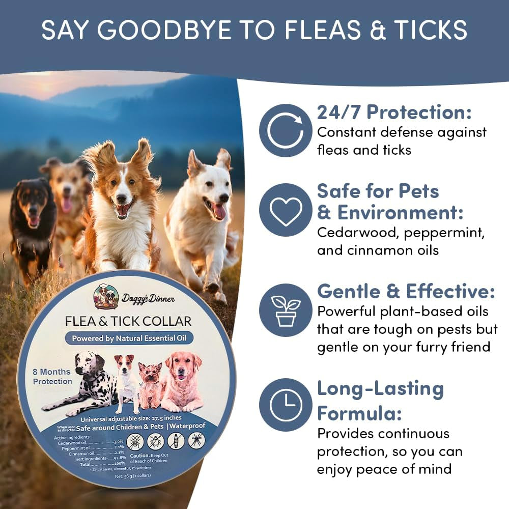 Natural Flea & Tick Collar for Dogs & Cats – 8 Months Protection – Essential Oils, Waterproof, Adjustable up to 27” – Chemical-Free, Safe for Puppies, Kittens & Sensitive Pets