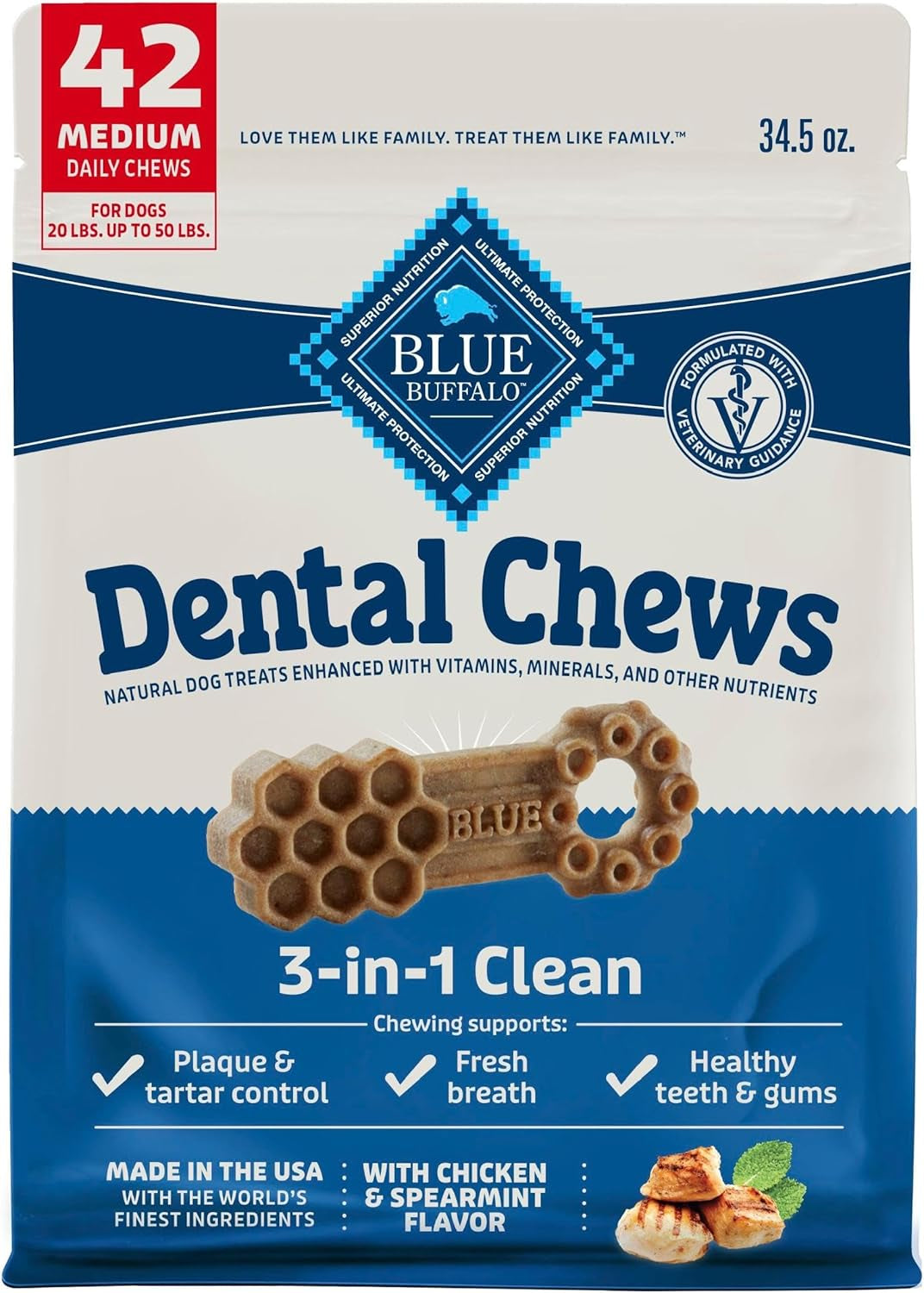 Dental Chews Medium Natural Dog Treats, Chicken & Spearmint 34.5-Oz Bag (42 Count)
