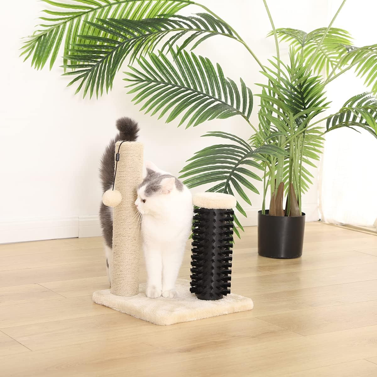 Cat Scratcher - Indoor Classic Single Cat & Kittens Scratching Post with Brush, Small (16.5" H) - Beige