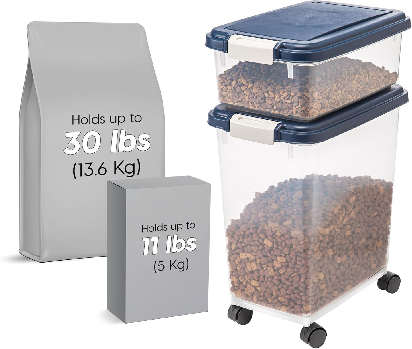 2-Piece 41 Lbs / 45 Qt Weatherpro Airtight Pet Food Storage Container Combo and Treat Box for Dog Cat and Bird Food, Stackable, Keep Fresh, Translucent Body, Easy Mobility, Navy
