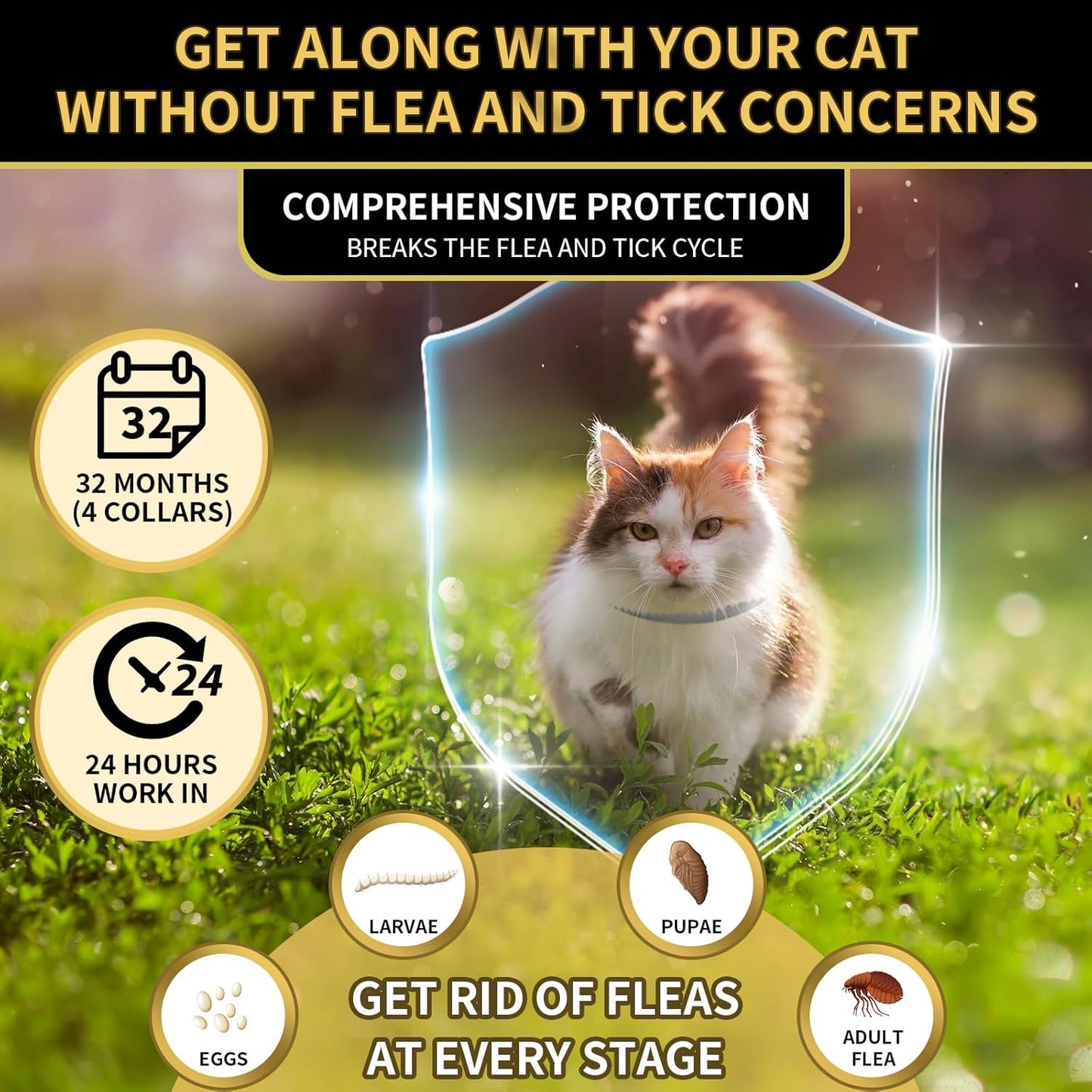 4 Pack Flea Collar for Cats, 32 Months Flea and Tick Prevention for Cats, Waterproof Cat Flea Collar, Cat Flea and Tick Treatment, Adjustable Flea and Tick Collar for Cats Kittens-Black&Gray