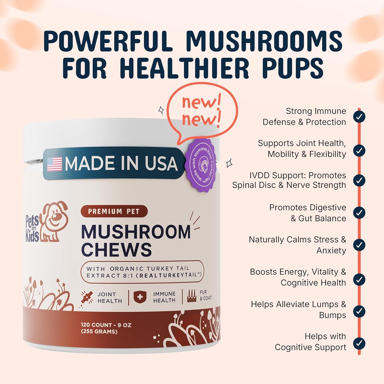 Turkey Tail Mushroom for Dogs with Organic Real Turkey Tail™ - 8:1 Extract Mushroom Chews for Lumps & Bumps, Immunity, Gut, Skin, Joint & Spine Support - Reishi, Lion’S Mane - 120 Soft Chews