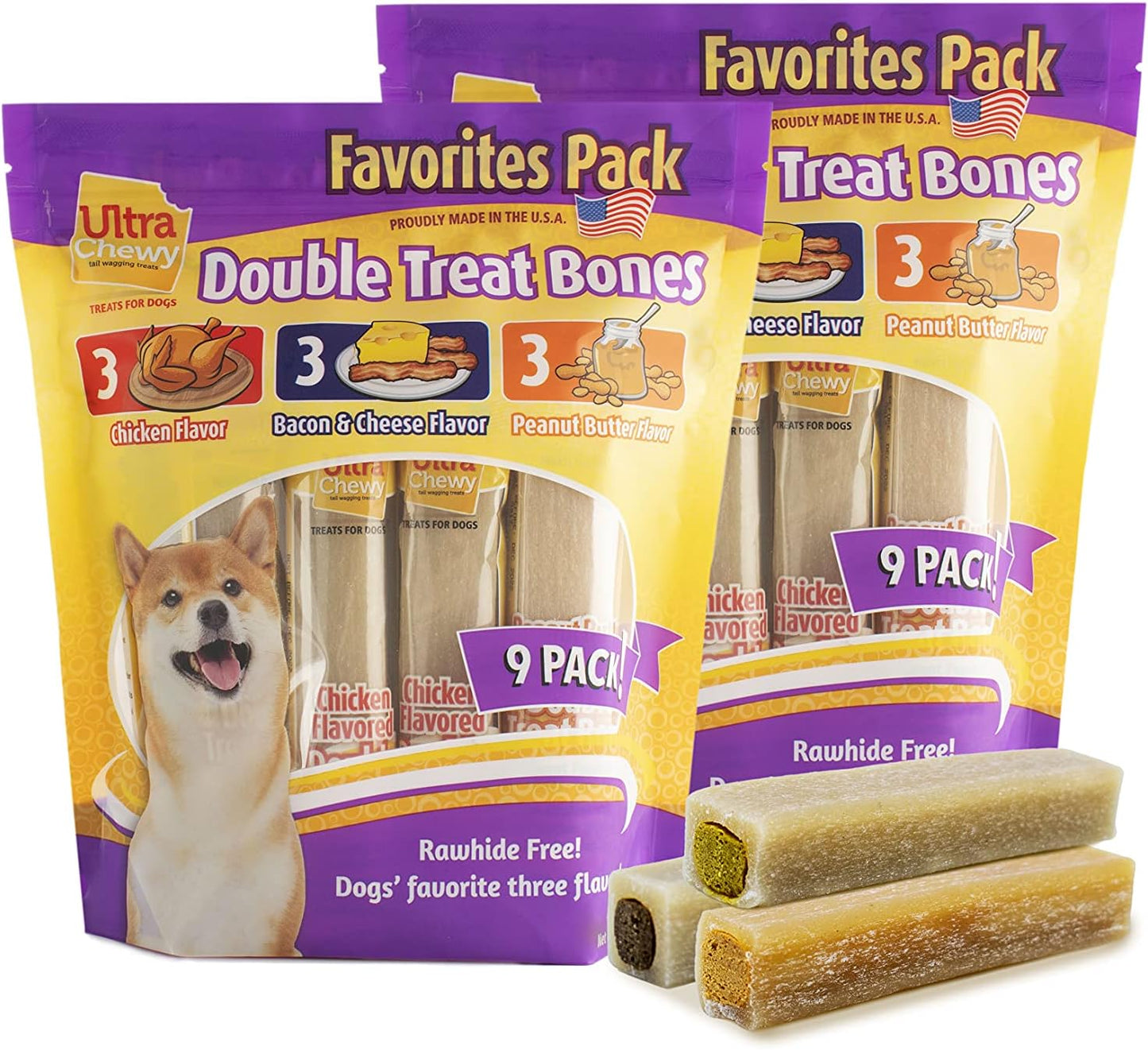 Favorites Double Treat Bones, Made in the USA, Healthy Treats, Easy to Digest, Promotes Dental Health (Assorted Flavors, 2 Packs/9 Bones per Pack)