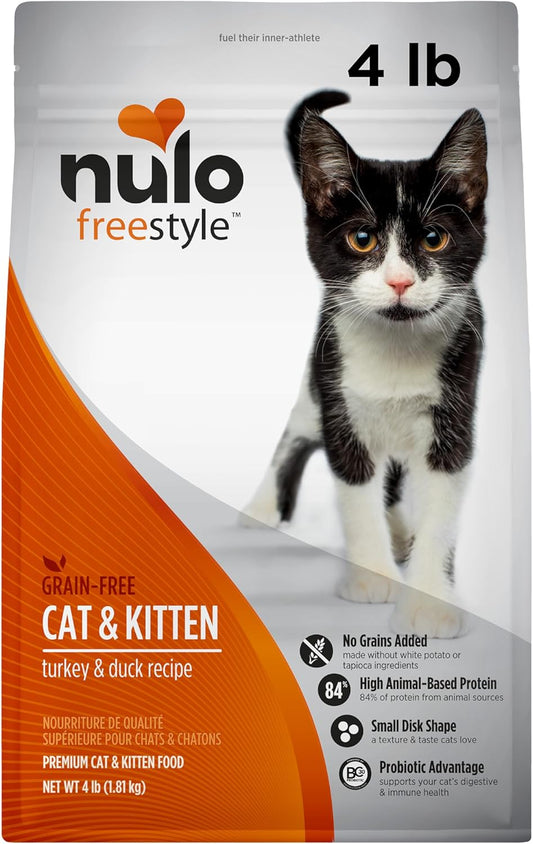 Freestyle High Protein Cat & Kitten Food, Turkey & Duck Recipe - Natural Grain-Free Dry Cat Food with Omega Fatty Acids & Probiotics, 4 Lb Bag