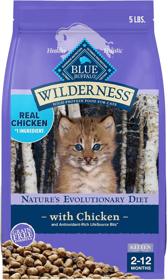Blue Buffalo Wilderness Natural Kitten Dry Cat Food, with DHA and ARA to Support Brain and Eye Development, High-Protein and Grain-Free Diet, Chicken, 5-Lb. Bag