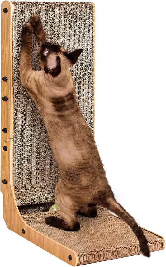Cardboard Cat Scratcher for Indoor Cats, 26.8 Inch L Shaped Vertical Cat Scratching Board with Ball Cat Toy, Large Cat Scratcher Pad, Brown
