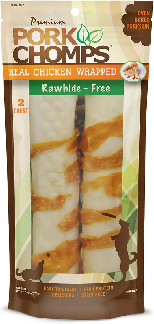 Baked Pork Skin Dog Chews, 8-Inch Rolls, Real Chicken Wrap, 2 Count