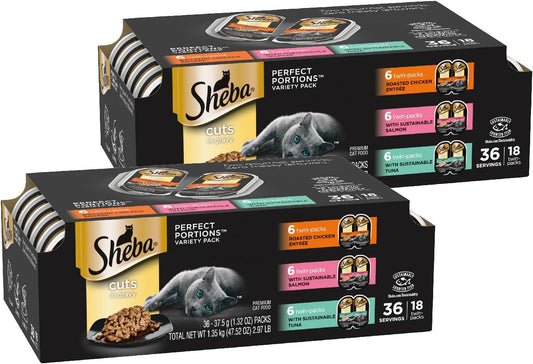 Perfect Portions Wet Cat Food Cuts in Gravy Variety Pack, Roasted Chicken Entree, with Sustainable Salmon, 2.6 Oz. Twin-Pack Trays (18 Count, 36 Servings) (Pack of 2)