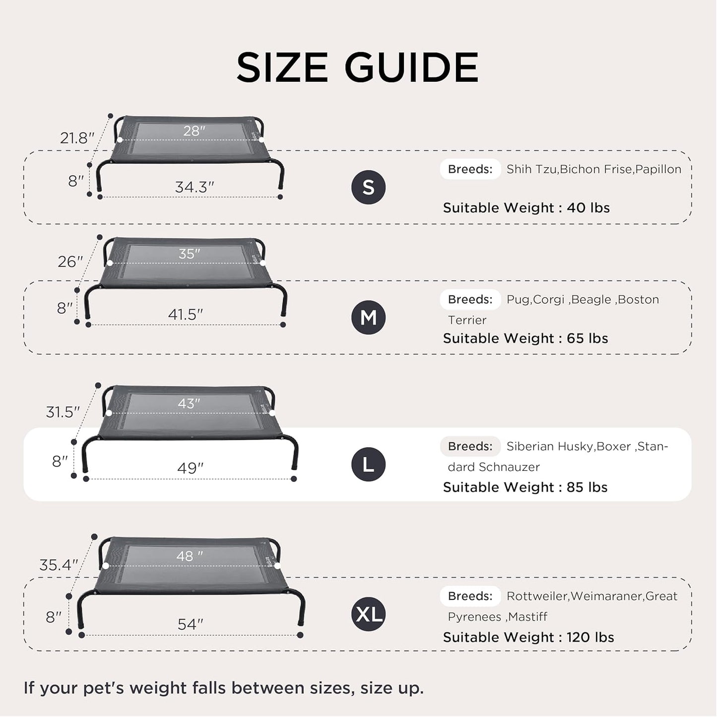 Outdoor Elevated Dog Bed Large Sized Dog, Portable Indoor & Outdoor Cooling Raised Cot Pet Hammock Bed with Skid-Resistant Feet, Frame with Breathable Mesh, Grey, 49 Inches
