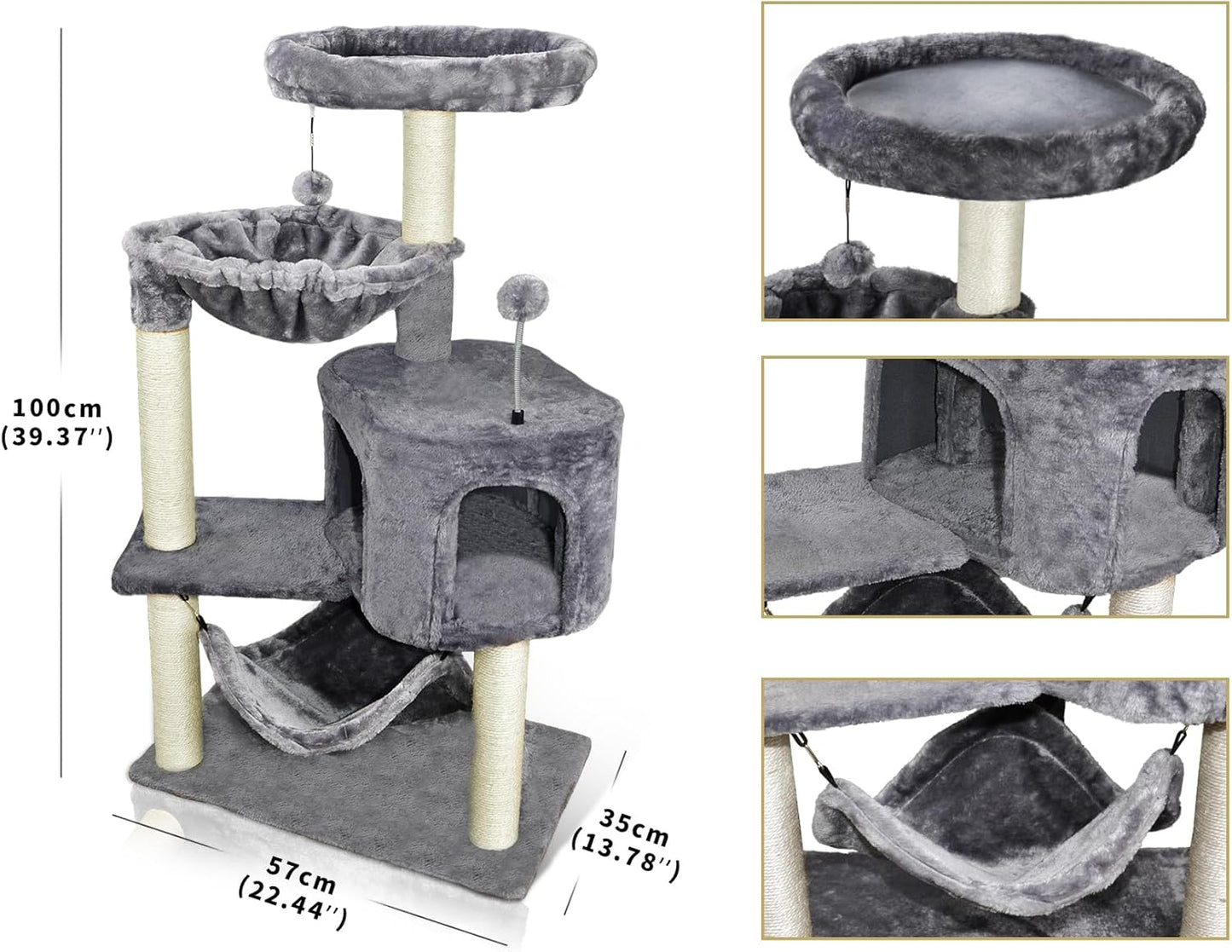 Cat Tree with Cat Condo and Big Hammock, Grey