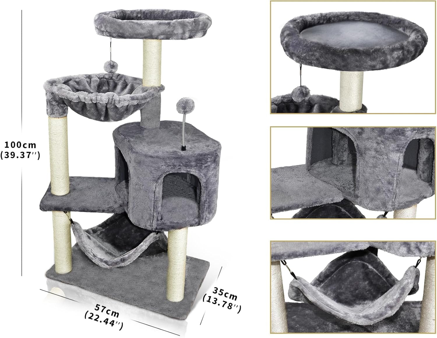 Cat Tree with Cat Condo and Big Hammock, Grey