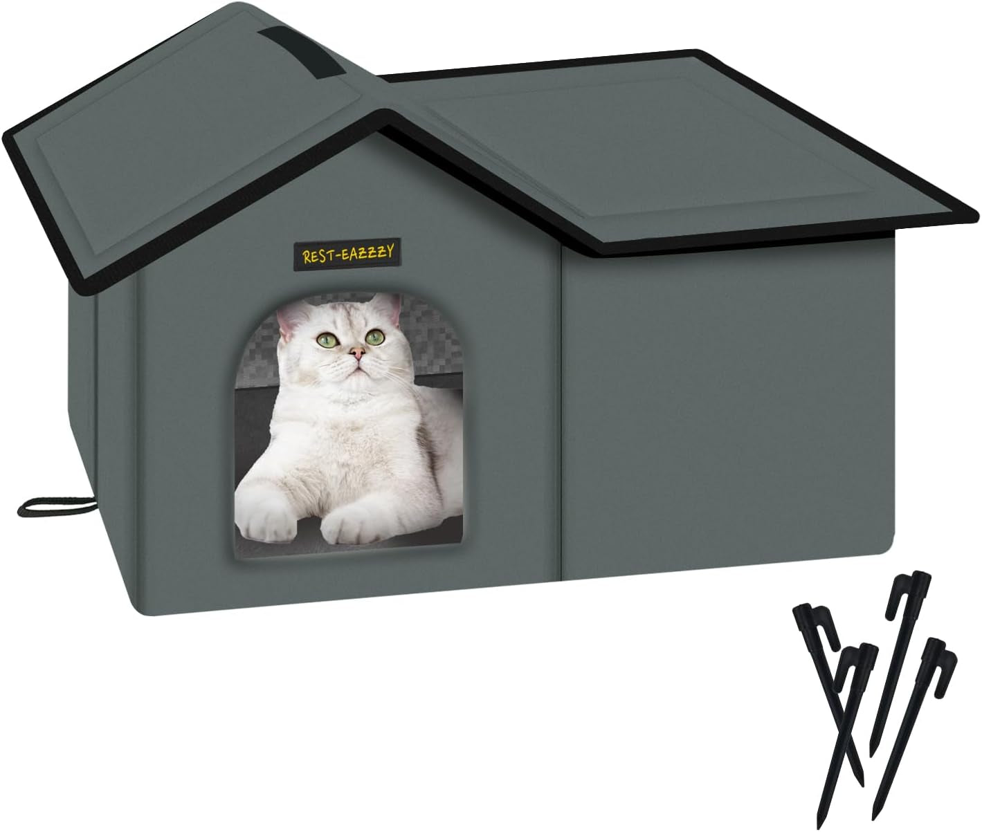 Cat House for Outdoor Cats, Weatherproof and Insulated Feral Cat House with Mat and Clip, Easy to Put Together, Selfwarming Cat Shelter for Winter(Grey, Waterproof House-L)