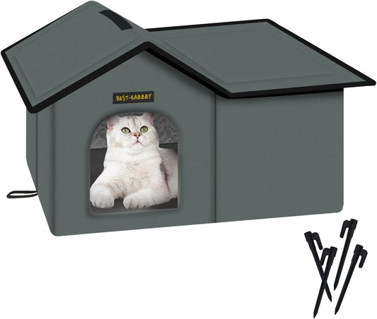 Cat House for Outdoor Cats, Weatherproof and Insulated Feral Cat House with Mat and Clip, Easy to Put Together, Selfwarming Cat Shelter for Winter(Grey, Waterproof House-L)