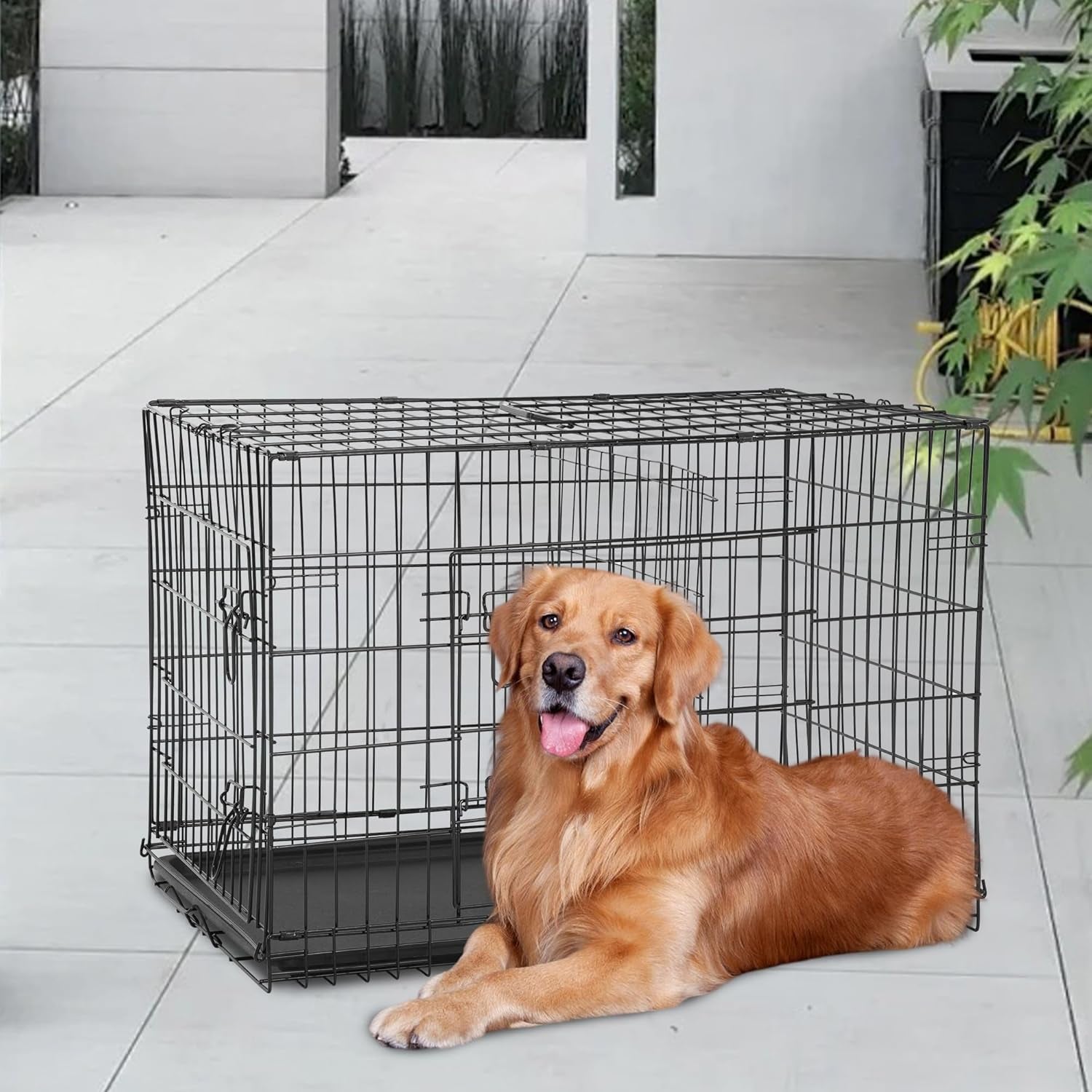 Dog Crate for Large Dogs 48 Inch Folding Metal Wirepet Cage Double Door W/Divider Panel Indoor Outdoor Kennel Leak-Proof Plastic Tray,Black