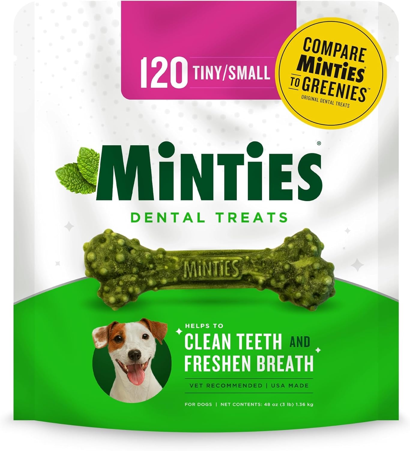 Dental Chews for Dogs, 120 Count, Vet-Recommended Mint-Flavored Treats for Tiny/Small Dogs 5-24 Lbs, Dental Bones Clean Teeth, Fight Bad Breath, and Removes Plaque and Tartar