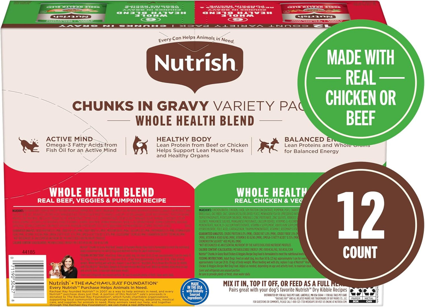 Whole Health Blend Chunks in Gravy Variety Pack Wet Dog Food, 13 Oz. Can, 12 Count (Rachael Ray)