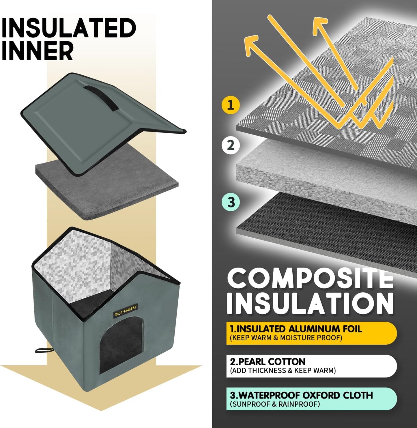 Cat House for Outdoor Cats, Weatherproof and Insulated Feral Cat House with Mat and Clip, Easy to Put Together, Selfwarming Cat Shelter for Winter(Grey, Waterproof House-S)
