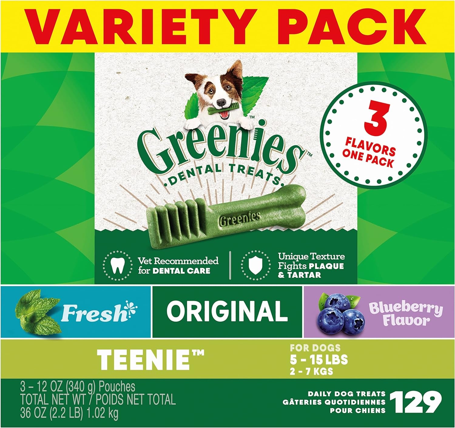 Teenie Dental Dog Treats 3-Flavor Variety Pack, (3) 12 Oz. Pouches, 129 Total Treats